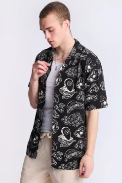 Arsenic Mens B&W Fruit Skulls Button-Up
