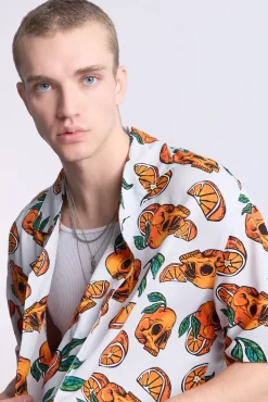 Arsenic Mens Orange Skulls Button-Up