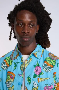 Arsenic Mens Tropical Skulls Button-Up Shirt