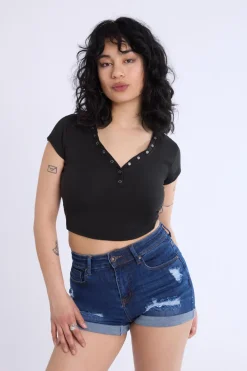 Curved Hem Cropped Henley Tee