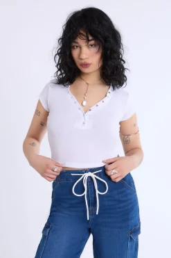 Curved Hem Cropped Henley Tee