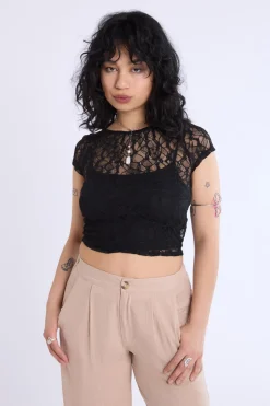 Lace Cap Sleeve Cropped Top