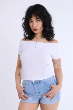Short Sleeved Off Shoulder Ribbed Knit Top