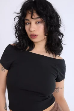 Short Sleeved Off Shoulder Ribbed Knit Top