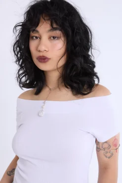 Short Sleeved Off Shoulder Ribbed Knit Top