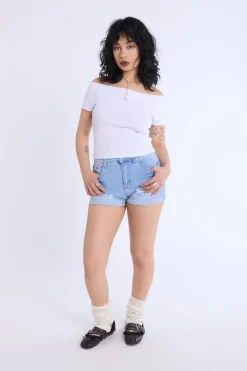 Short Sleeved Off Shoulder Ribbed Knit Top