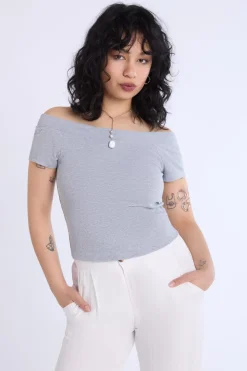 Short Sleeved Off Shoulder Ribbed Knit Top