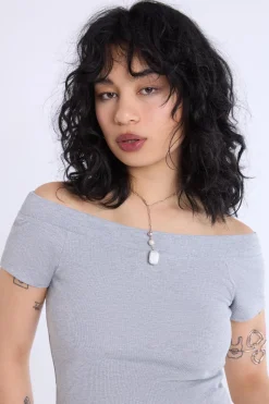 Short Sleeved Off Shoulder Ribbed Knit Top